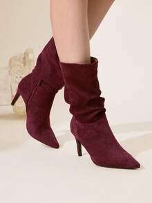 CUCCOO CHICEST 女士秋冬新款褶皱尖头细高跟优雅通勤百搭经典舒适黑色仿麂皮绒中筒靴，适合约会、工作、万圣节、圣诞节、感恩节等场合，用途广泛。 - 紅色 - 查看 6