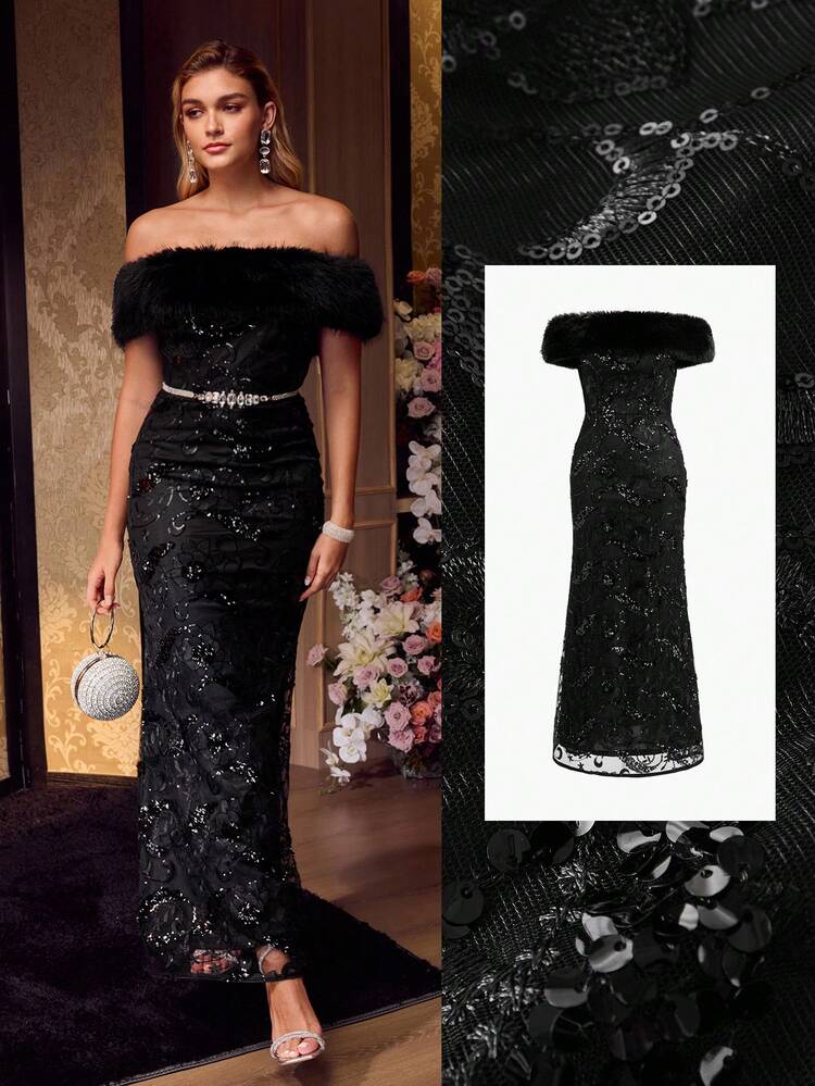 MOTF Soiréza SEQUIN EMBROIDERY FUZZY OFF SHOULDER PROM DRESS, PARTY