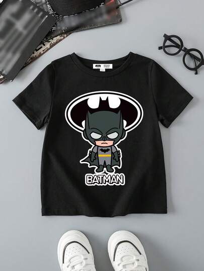 BATMAN X SHEIN Ung pojke Casual kortärmad T-shirt med rund hals, lämplig för sommaren