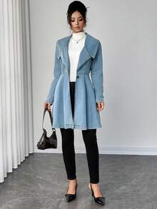 Elenzga Women's Light Blue Long Sleeve Ruffle Hem Fitted Denim Jacket - Blue - View 6