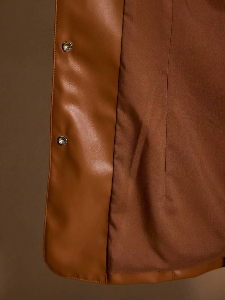 WOMEN'S SOLID COLOR FAUX LEATHER SHIRT COLLAR CINCHED WAIST ELEGANT LONG SLEEVE JACKET WITH BELT