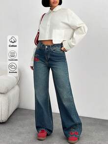 EURMUSE WIDE LEG LOW WAIST EMBRIODERY DETAIL JEANS - Medium Wash - View 1