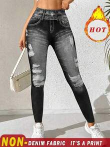 EMERY ROSE 女式牛仔效果印花松紧腰休闲保暖内衬紧身裤 - 黑色 - 查看 3