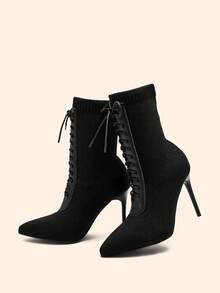 CUCCOO BASICS 女士时尚黑色布面套脚尖头细高跟踝靴 - 黑色 - 查看 1