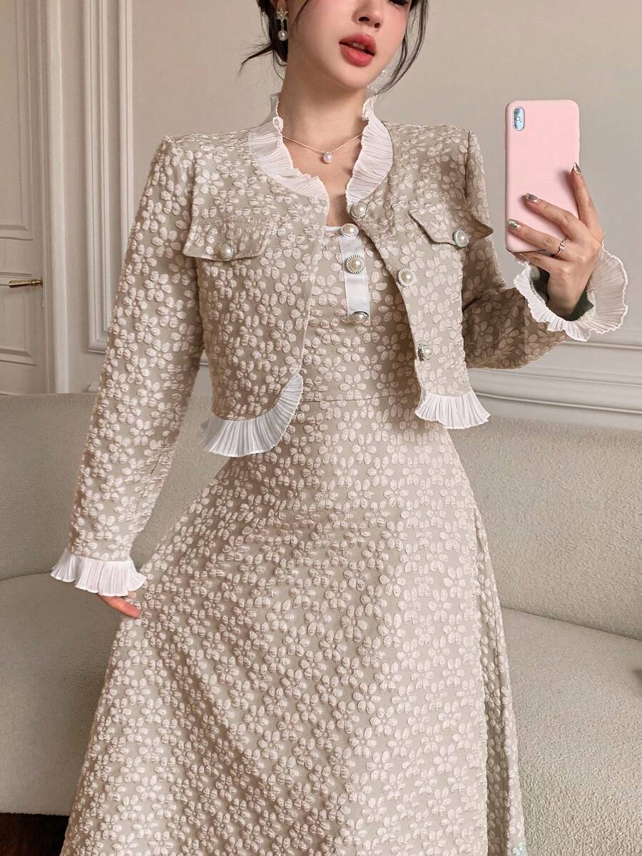 Modelyn 女士优雅连衣裙及荷叶边外套两件套 - 卡其色 - 查看 1