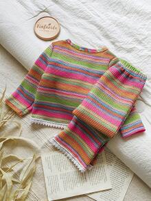 Vintaside Kids 2件套女婴彩虹条纹花卉钩编装饰长袖上衣和松紧腰喇叭裤套装，流苏边饰，休闲时尚秋季套装，适合多种场合 - 彩色 - 查看 2