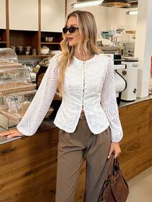 Serisse Women's Casual Vacation Style Solid Color Schiffy Faux Pearl Fitted Blouse, Spring/Autumn,Fall/Winter French-Style New Arrival: Lace-Embroidered White Round-Neck Shirt-A Fashion Essential For Everyday Wear. This Waist-Cinching, Figure-Flattering Shirt Perfectly Complements Casual Outings And Afternoon Tea Dates, Making It A Timeless Staple In Any Fashion-Forward Woman's Wardrobe., White Top,White Shirt,White Blouse;Stylish Women's Blouses,Elegant Blouses For Women; - White - View 3