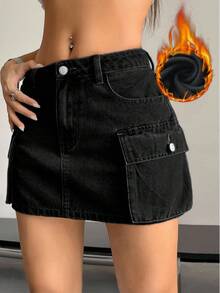 SHEIN Tall 女式休闲水洗牛仔工装迷你裙 - 黑色 - 查看 1