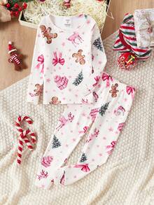 Mädchen Weihnachts-Hirsch, Weihnachtsbaum, Weihnachtsgeschenk, Weihnachtsschleife, Lebkuchen-Element Crew Neck Langarm Hose Pyjama Set, geeignet für Weihnachtsferien Zuhause - Verschiedenfarbig - Übersicht 4