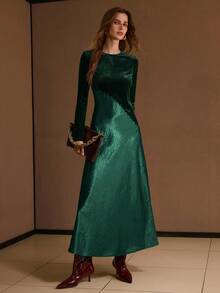 MOTF PREMIUM ROBE PATCHWORK EN VELOURS ET SATIN À OURLET FENDU - Vert sapin - Voir 4