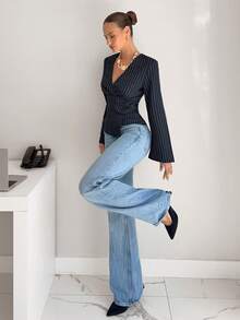 Siren Gaze Women's Striped V-Neck Long Sleeve Fitted Shirt Wrap Tops For Women Blouses For Women Business Office Tops For Women Business Casual Woman Top Office Blouses Winter Blue Elegant Spring - Navy Blue - View 2