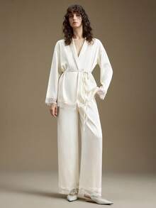 Ontre Women's Cream White Satin 2-Piece Set, Autumn Elegant Loungewear Lace Trim V-Neck Drop Shoulder Cinched Waist Waist Top And Long Pants, Modern Office Wear - Apricot - View 8