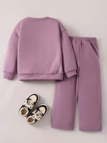2pcs/Set Tween Girls' Casual Letter Print Loose Fit Crew Neck Long Sleeve Sweatshirt And Sweatpants Set