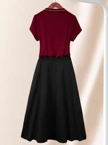 Franclia Women's Red Round Neck Short Sleeve Top And Black Skirt 2 Pieces Set - Multicolor - View 2