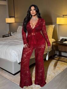 NU&NOW Conjunto de 2 piezas de top de manga larga y pantalones con adorno de encaje, talla grande y sexy - Rojo - Ver 4