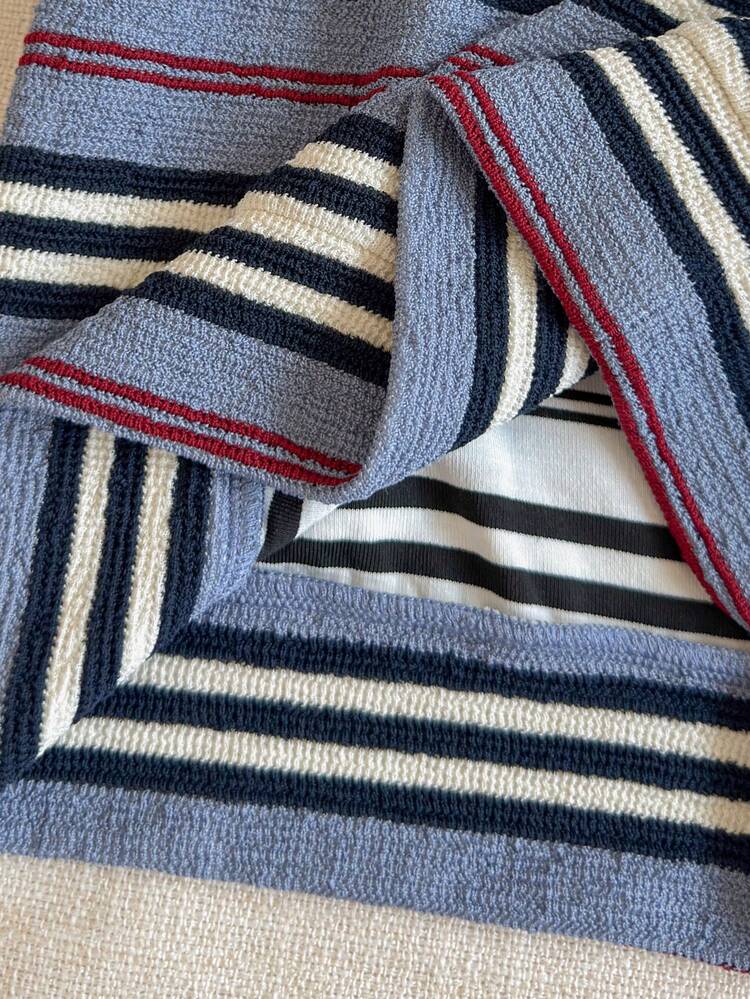 PrepCrw 2 件套年轻男孩优雅都市校园风格蓝、白、红条纹圆领长袖针织运动衫和卡其裤套装，适合休闲、郊游、聚会、圣诞节、秋冬季 - 彩色 - 查看 8