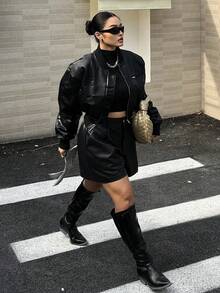 Dazy Plus Plus Size Women Casual Solid Color Short Straight PU Shorts, Autumn/Winter - Black - View 8