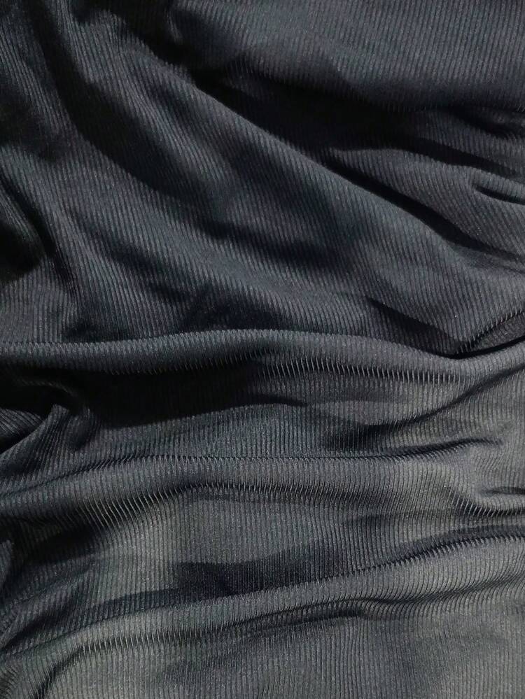 SHEIN Clasi 女士纯色深V领褶皱修身长袖连衣裙 - 黑色 - 查看 5