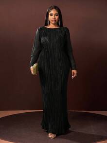 Veslaya Hàng mới về Thu/Đông, Thanh lịch & Dự tiệc & Hẹn hò & Buổi tối & Lễ tốt nghiệp & Sinh nhật & Đám cưới, Đầm maxi dài tay xếp ly dáng chữ A màu xanh lá cây trơn, phối lưới, cỡ lớn - A - màu đen - Xem 1