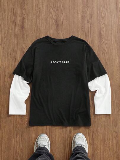 Manfinity Joysei 1 pieza Camiseta de hombre 2 en 1, con eslogan gráfico "No me importa", adecuada para otoño/invierno, para usar en capas o de manera casual