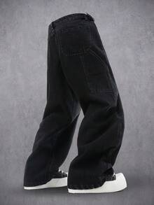 Manfinity Denimwave 男士几何图案口袋直筒休闲牛仔裤，适合外出聚会、通勤、度假、街头、垃圾摇滚风 - 黑色 - 查看 2