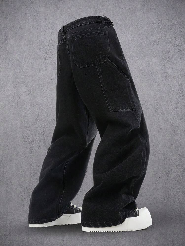 Manfinity Denimwave 男士几何图案口袋直筒休闲牛仔裤，适合外出聚会、通勤、度假、街头、垃圾摇滚风 - 黑色 - 查看 2