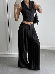 DAZY Women's Striped Open Front Casual City Sleeveless Blazer, Summer Business Attire - Black - View 3