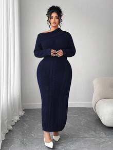 Elenzga Vestito maglia oversize a maniche lunghe da donna, abito casual in maglia a spalle scoperte, abito autunnale/invernale per taglie forti - Blu Navy - Visualizzare 7