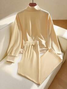 GlowEve CURVE Große Größen 2-teiliges Set, lässig, bequem, Stehkragen, Reißverschluss, vielseitig, einfach, weich, bestickte Loungewear - Aprikosenfarben - Übersicht 2