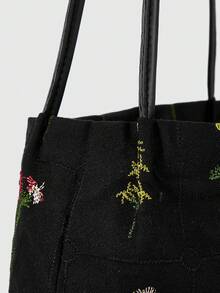 ROMWE Fairycore Túi Tote Thêu & In Mới Mùa Xuân/Hè 2024 Cho Nữ, Túi Đeo Vai & Đeo Chéo Bằng Vải Canvas Dung Tích Lớn Thời Trang - màu đen - Xem 4