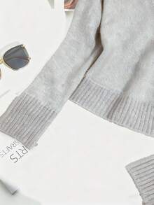 SHEIN Franclia Women's Minimalist Fashion Fur Collar Patchwork Raglan Sleeve Solid Color Knit Pullover Sweater, Autumn/Winter - Light Grey - View 5