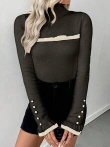 SHEIN LUNE Sweater Rajut Lengan Panjang Wanita Model Turtleneck dengan Kancing dan Rumbai, Dilengkapi Pita dan Lapisan Termal yang Pas di Badan - Dark Grey - View 5