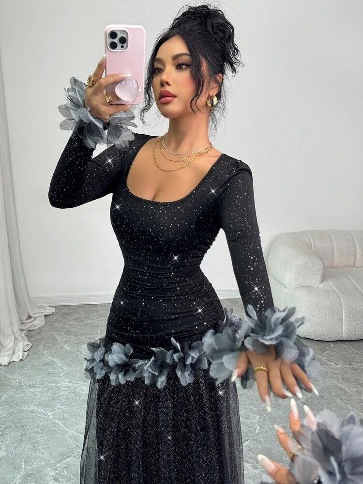 Elenzga New Arrival Romantic Vacation Design Floral Lace Trim Deep V-Neck Glitter Mesh Patchwork Dress For Women - Black - View 3