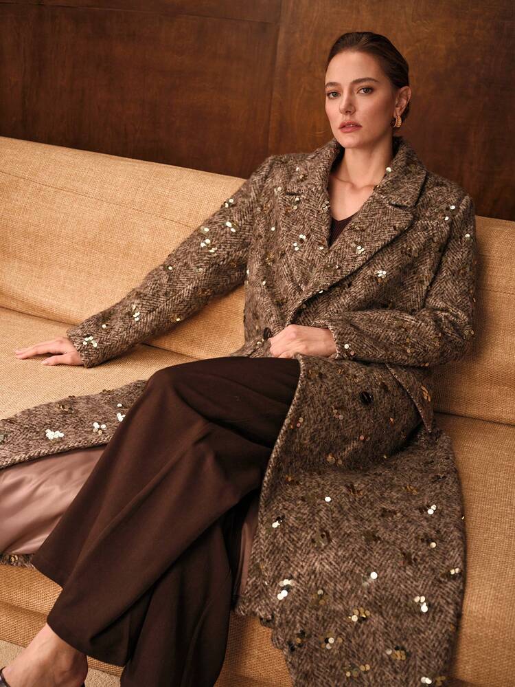 EMBELLISHED SEQUIN LAPEL COLLAR THICK HIGH-END WOMEN OVERCOAT
