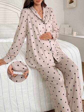 Moonlight & Mama 两件套孕妇波点印花翻领宽松纽扣长袖上衣和裤子孕妇睡衣套装，波点睡衣套装，女士睡衣，适合秋冬季穿着