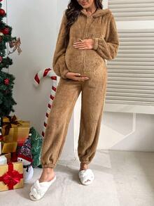 SHEIN Maternity Solid Color Fleece Hooded Jumpsuit, Autumn/Winter - Brown - View 3