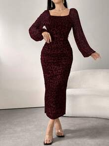 Modelyn Women's Round Neck Long Sleeve Leopard Print Ruched Elegant Mesh Casual Dress Maxi Women Outfit Long Evening Dresses - Burgundy - View 4
