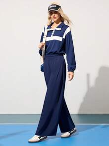 CourtClass Women's Loose Fit Yoga/Workout Pants Navy Blue Pants Wide Leg Trousers - Navy Blue - View 6