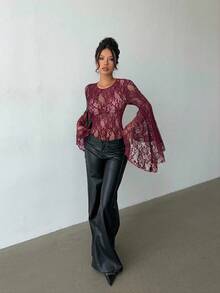 Aloruh Women's Halloween Bell Sleeve Burgundy Lace Bodysuit - Burgundy - View 4