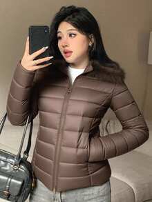 DAZY Áo khoác đệm cổ lông vá dành cho nữ, Thu/Đông - Cà phê nâu - Xem 4