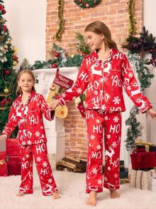 SHEIN Girls' Red And White Christmas Penguin & Candy Cane Print Fleece Pajama Set,Cute Autumn Winter Casual Comfortable 2 Pieces Matching Family Pajamas - Red - View 4