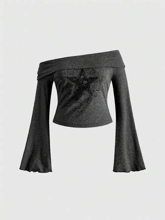Grunge Punk Maglietta a maniche lunghe con spalle scoperte e motivo a stelle, taglia comoda