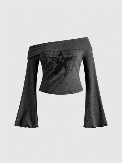 Grunge Punk قميص طويل الأكمام بنمط نجمي على الكتف للمقاسات الكبيرة