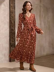 Wildy 美式休闲复古碎花长袖连衣裙，女士日常基本款穿搭，秋冬款 - 彩色 - 查看 3