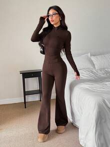 SHEIN PETITE 女士休闲纯色长袖上衣和喇叭裤套装，骑马图案印花，春夏款 - 棕色 - 查看 5