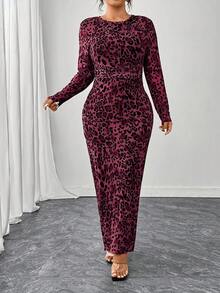 SHEIN Tall CURVE 优雅修身畅销时尚豹纹面料长袖连衣裙，咖啡色，高腰/加大码，春夏秋 - 玫紅色 - 查看 6