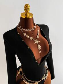 EgrlEra Black High Stretch Knit Fabric Rhinestone Decor Deep V Bodysuit For Women, Autumn/Winter , Minimalist Versatile, Sexy Retro Chic, Suitable For Party, Date, Casual Daily Wear - Black - View 5