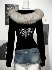 SHEIN ICON Áo khoác trùm đầu dáng ôm in họa tiết cánh phong cách Punk Gothic cổ điển, phong cách Y2K, thích hợp mặc khi đi chơi và đi sân bay - màu đen - Xem 7