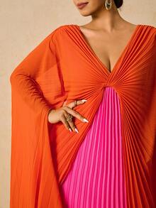 Travachic 大码女式橙色和紫红色拼接褶皱V领长袖宽松派对连衣裙 - 彩色 - 查看 1