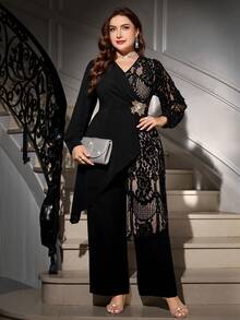 Ellevyn 大码交叉裹身长袖优雅收腰两件套 - 黑色 - 查看 14